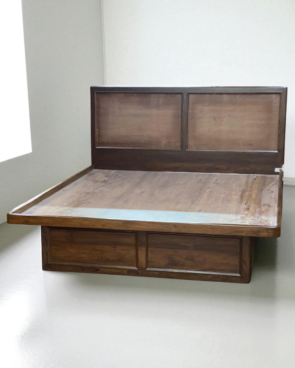 Bespoke Teakwood Queen Size cantilevered Bed with Storage and Cushioned Headboard