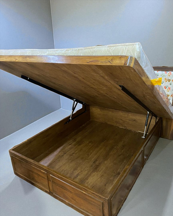 Bespoke Teakwood Queen Size cantilevered Bed with Storage and Cushioned Headboard