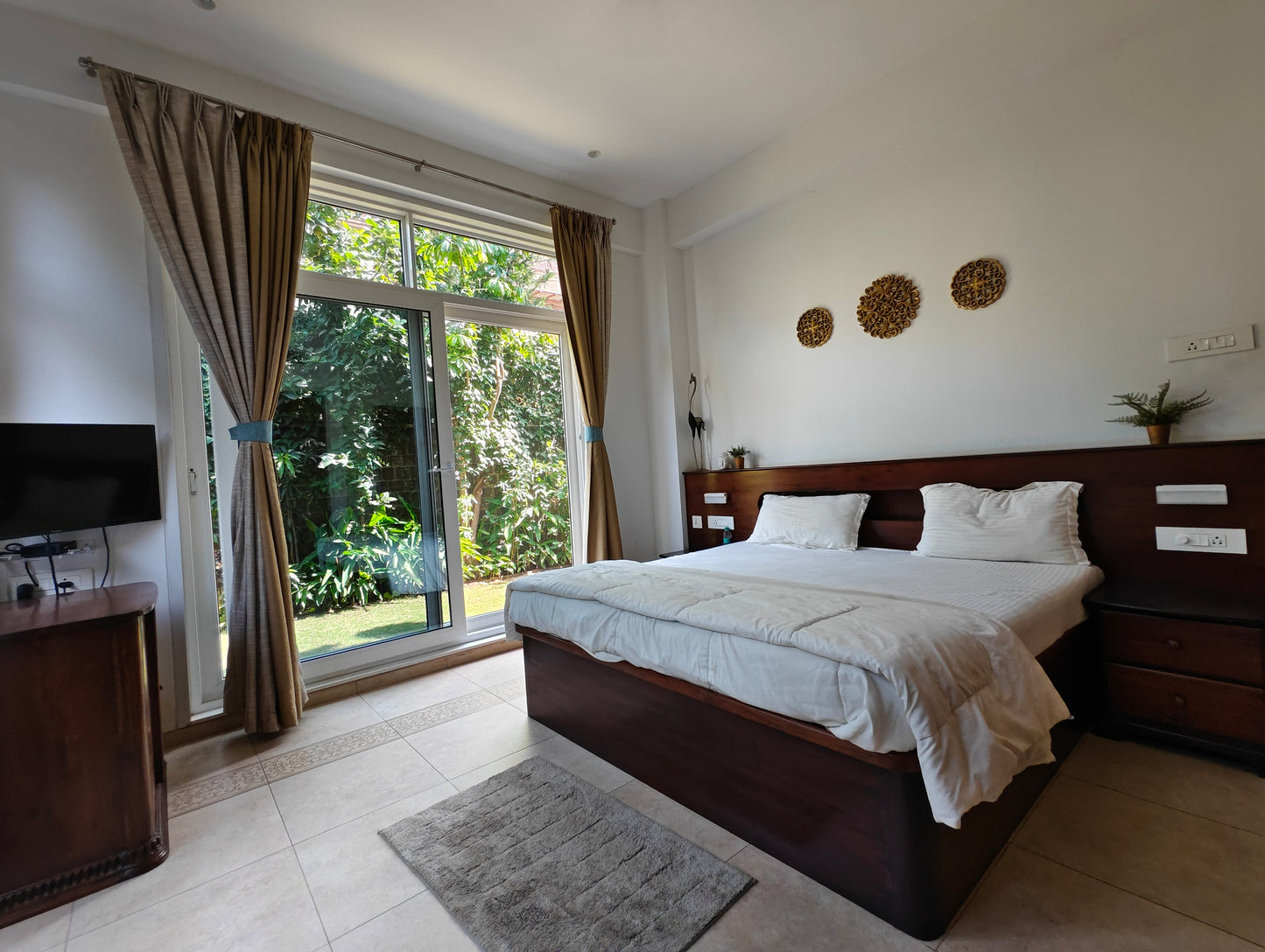 Bespoke Teakwood Grand King size bed -with storage, lights and 2 side tables