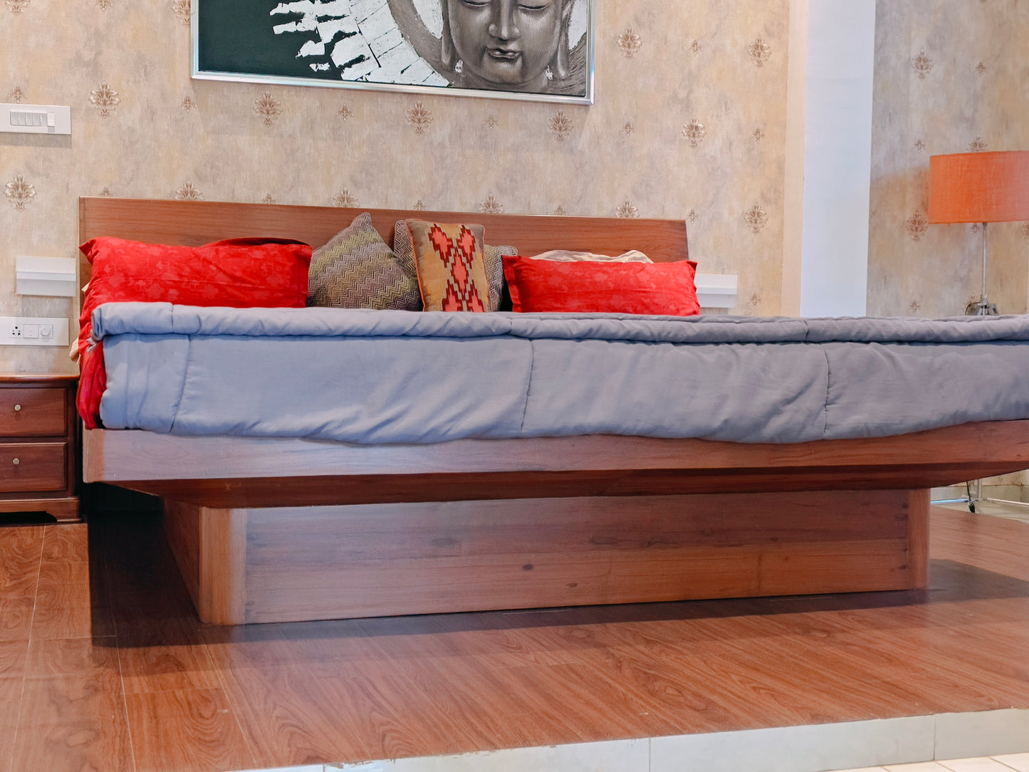 Bespoke Teakwood Grand King size bed -Cantilevered with storage and 2 side tables