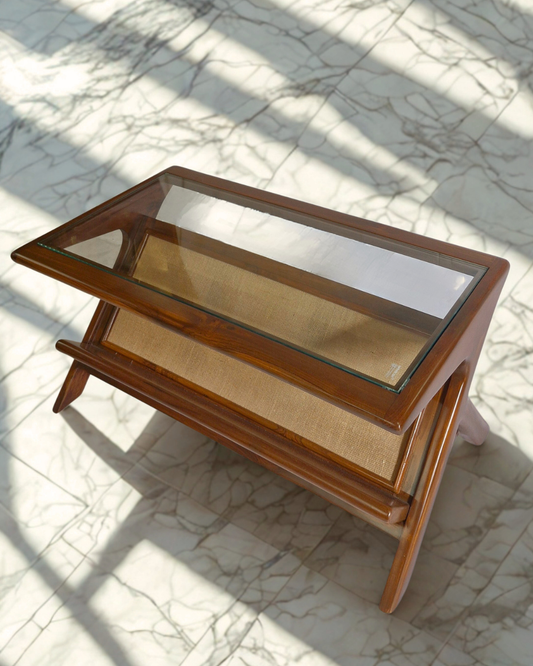 Wooden coffee table with glass top and jute frame