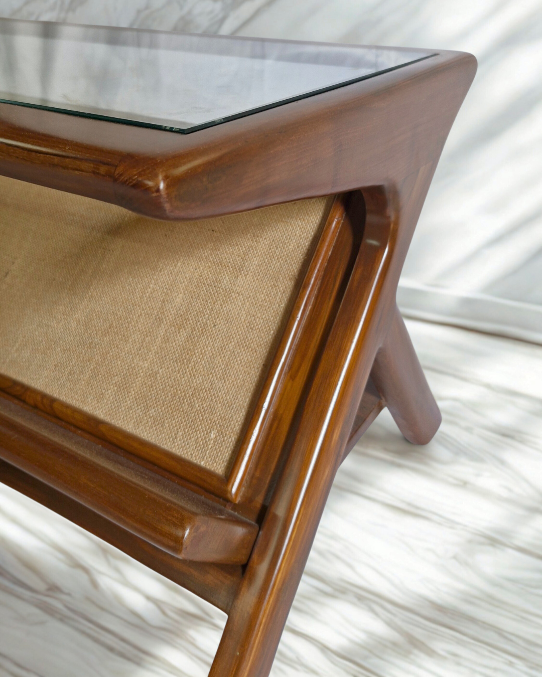 Wooden coffee table with glass top and jute frame