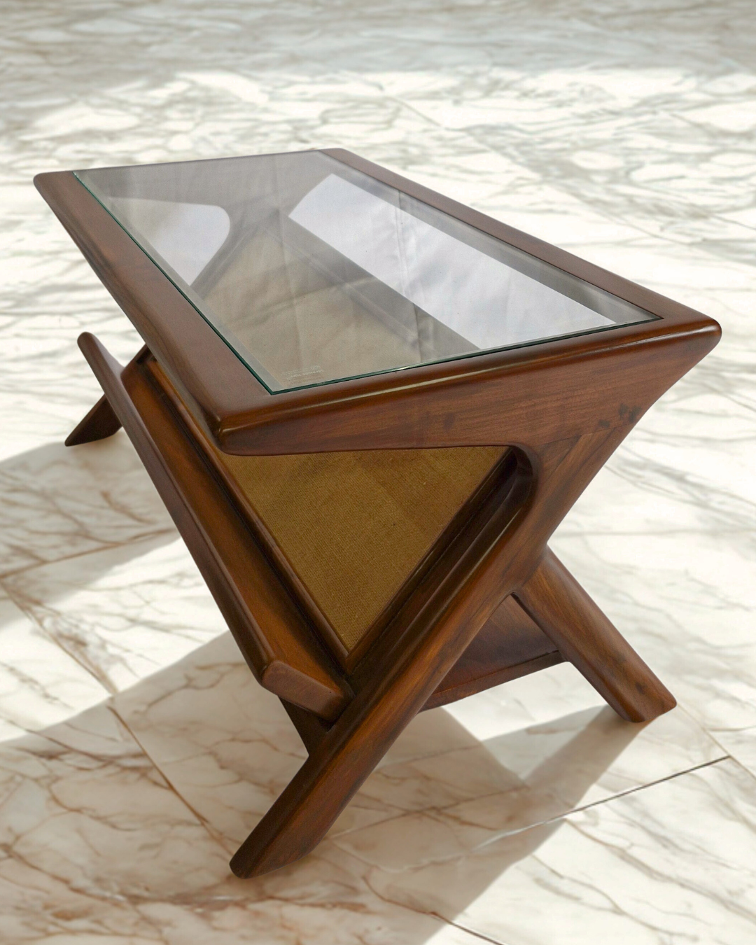 Wooden center table with glass top and jute frame