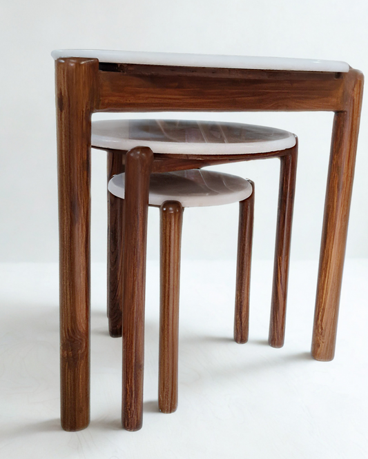 teakwood nesting table set with marble top