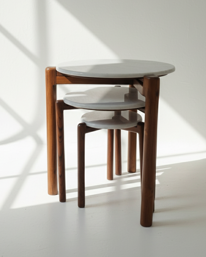 teakwood nesting table set with marble top
