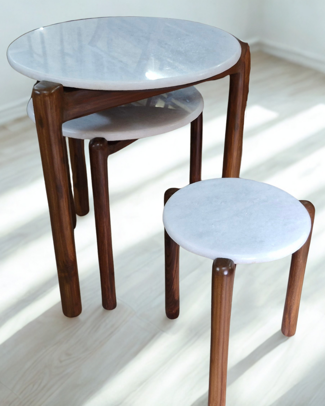 teakwood nesting table set with marble top