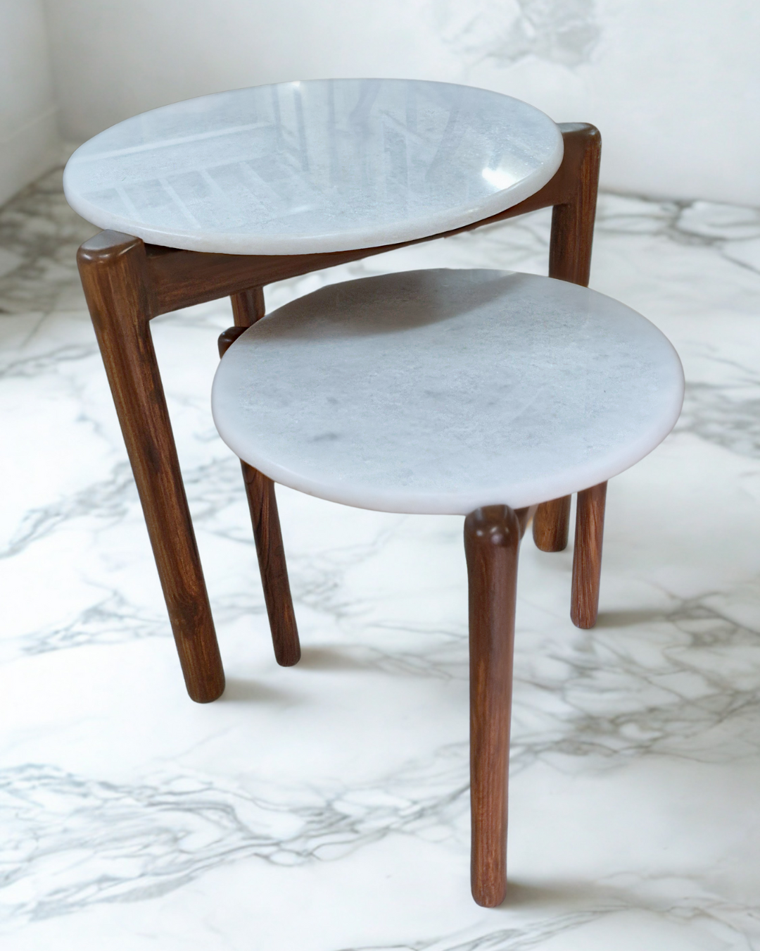 teakwood nesting table set with marble top